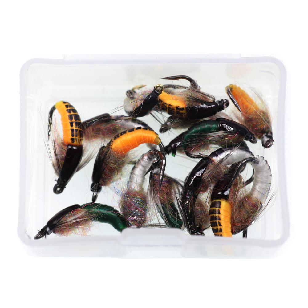 Wifreo 12PCS Fly Fishing Nymph Scud Worm Fly Realistic Aritificial Insect Bait Lures with Hook Size 8 10 12