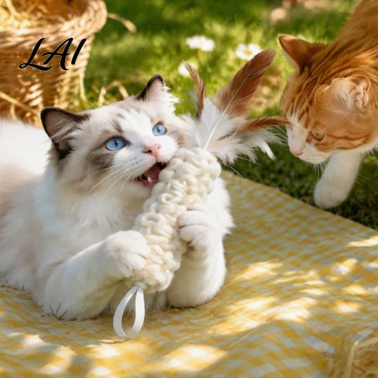 Cat Hunting Instinct Training Tools Wool Tempura Toy Interactive Toy with Feathers Kitten Natural Scented Play Kicker Enrichment for Indoor