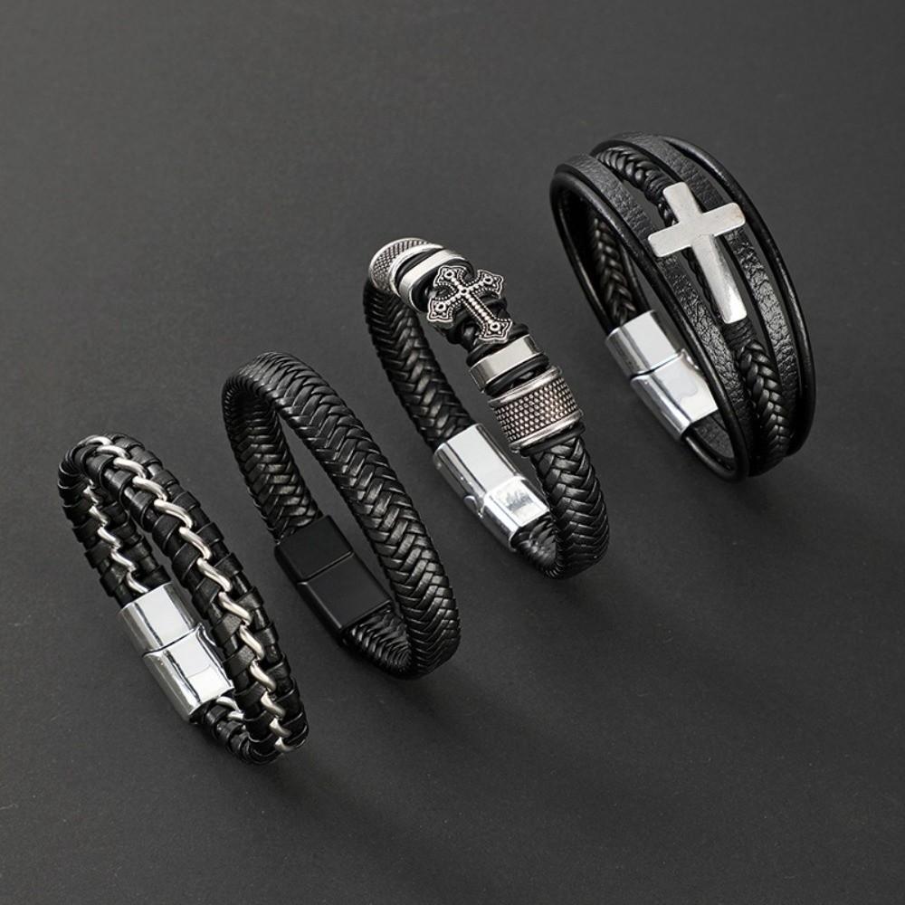 Cross Leather Bracelet Braided Leather Bangle Personality Men's Cross Bracelet Gift