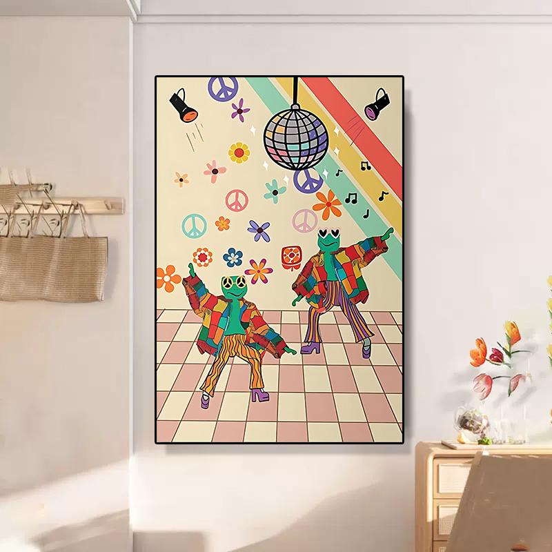 Забавная лягушка, дискотека, триповый постер, холст, картина, ретро 70 s, хиппи, диско-шар, танцующие лягушки, настенное искусство для гостиной, домашний декор