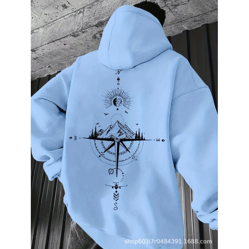 Oversized Cross Print Hoodie Men Loose Fit Streetwear Long Sleeve Pullover Winter Casual Sweatshirt