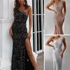 Женское вечернее платье с косым вырезом на одно плечо, без рукавов, с пайетками, с разрезом по низу, облегающее