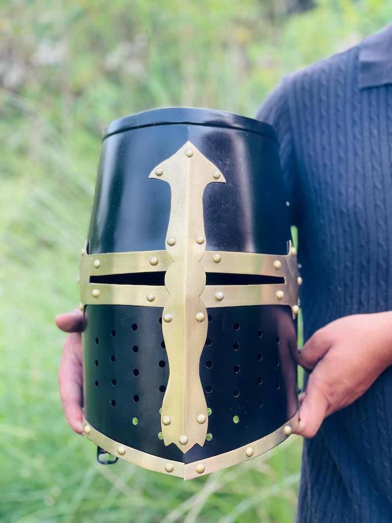 Medieval Crusader Knight Helmet: Black Steel & Brass Armor, LARP Cosplay