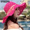 Hollow-out Solid Color Sun Hat with Wind-proof Rope Women Spring Summer Wide Brim Outdoor Breathable Foldable Beach Sunscreen Hats