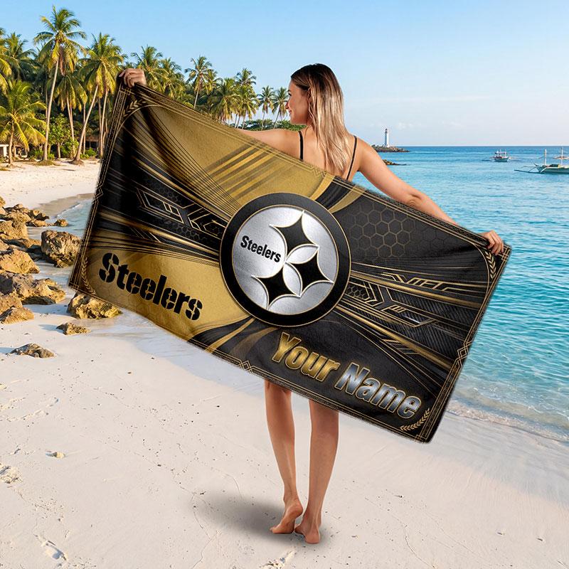 Pittsburgh Steelers Customized Name Text Beach Towel, Soft Absorbent Towel Beach Pool Travel Personal Gift