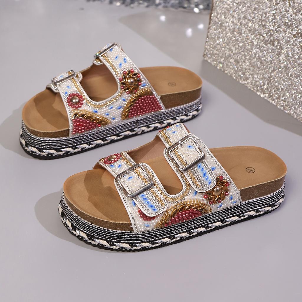 Fashion Rhinestone Platform Cool Mopping Women's Fashion Round Toe Open Toe Metal Buckle Anti-slip Wear-resistant Flats