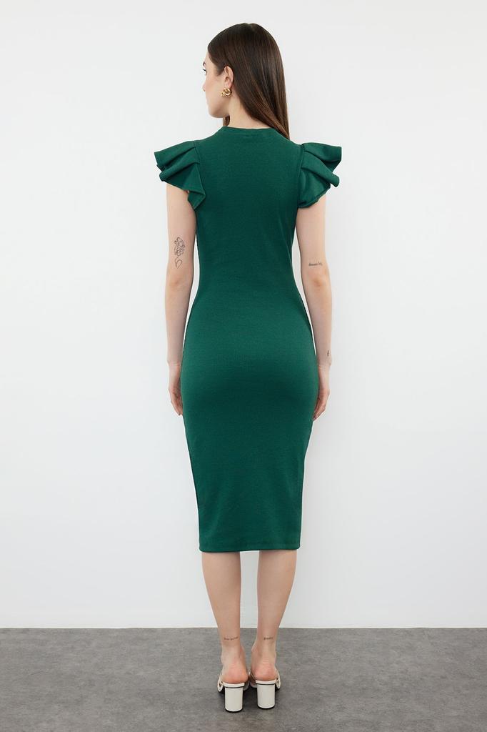 Women's Style Dress Green Ribbed Sleeves Flounce Midi Knitted Dress
