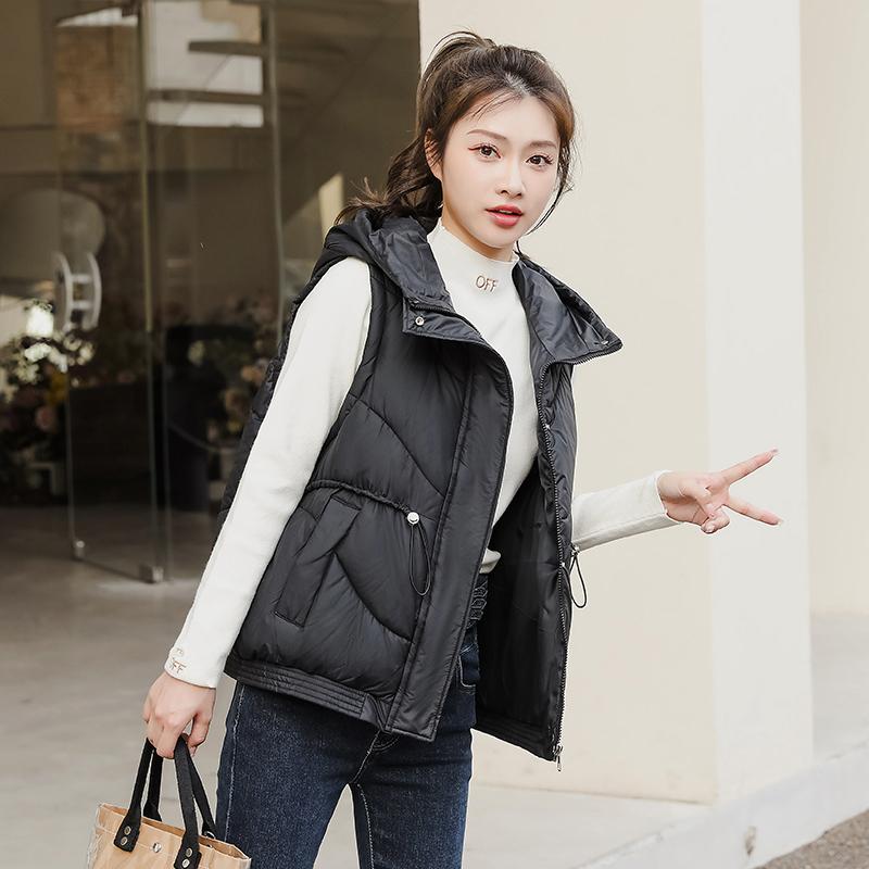 Women Autumn Winter Hooded Collar Sleeveless Solid Color Drawstring Warm Coat Vest