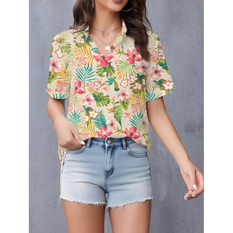Women'S Short Sleeve Shirt Tropical Floral Print Pattern Casual Fashion Hawaiian Vacation Style Top