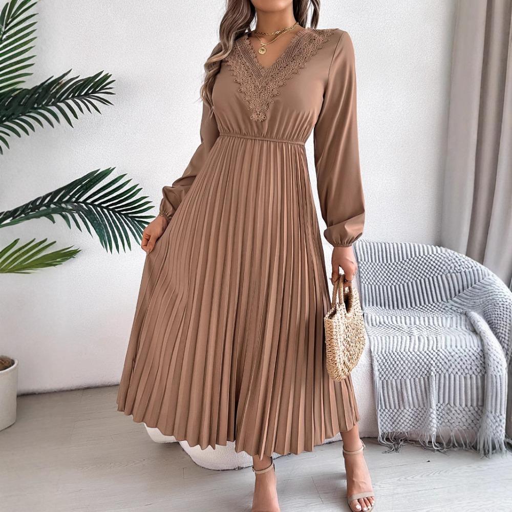 Spring and Summer Elegant Temperament V-neck Lace Waisted Pleated Long Women's Dresses Long Skirts