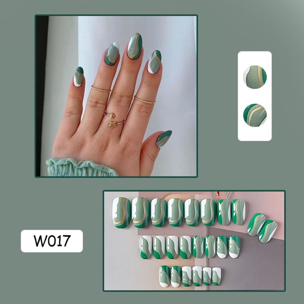 24pcs Detachable Green Gold Lines Style DIY Full Cover Short Oval Fake Nails French