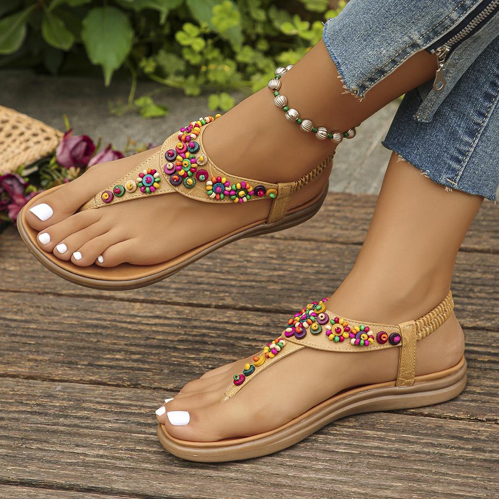 Fashion Women's Colored Beads Bohemian Sandals Elastic Band Clip Toe Flat Women Sandals Summer 2024 Comfort Non Slip Beach Shoes Woman