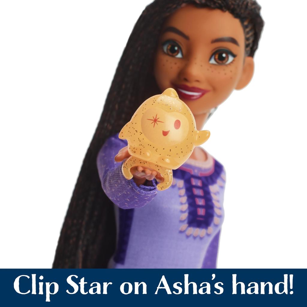 Polly Pocket Mattel Disney Wish Toy: Asha of Rosas Sings Fashion Doll & Star Figure. Features removable clothing for posing and sings "This Wish" in E