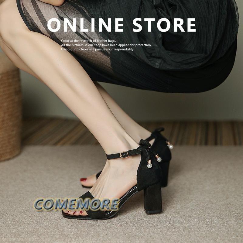 Женские сандалии Летняя мода Повседневная обувь с открытым носком и пряжкой на блочном каблуке Босоножки с жемчужным бантом на высоком толстом каблуке Босоножки с круглым носком