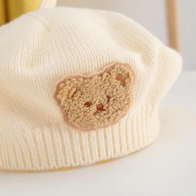 Зимний вязаный берет для малыша, милая мультяшная шапка художника с медведем для младенца, осенне-зимняя теплая шерстяная детская шапка художника