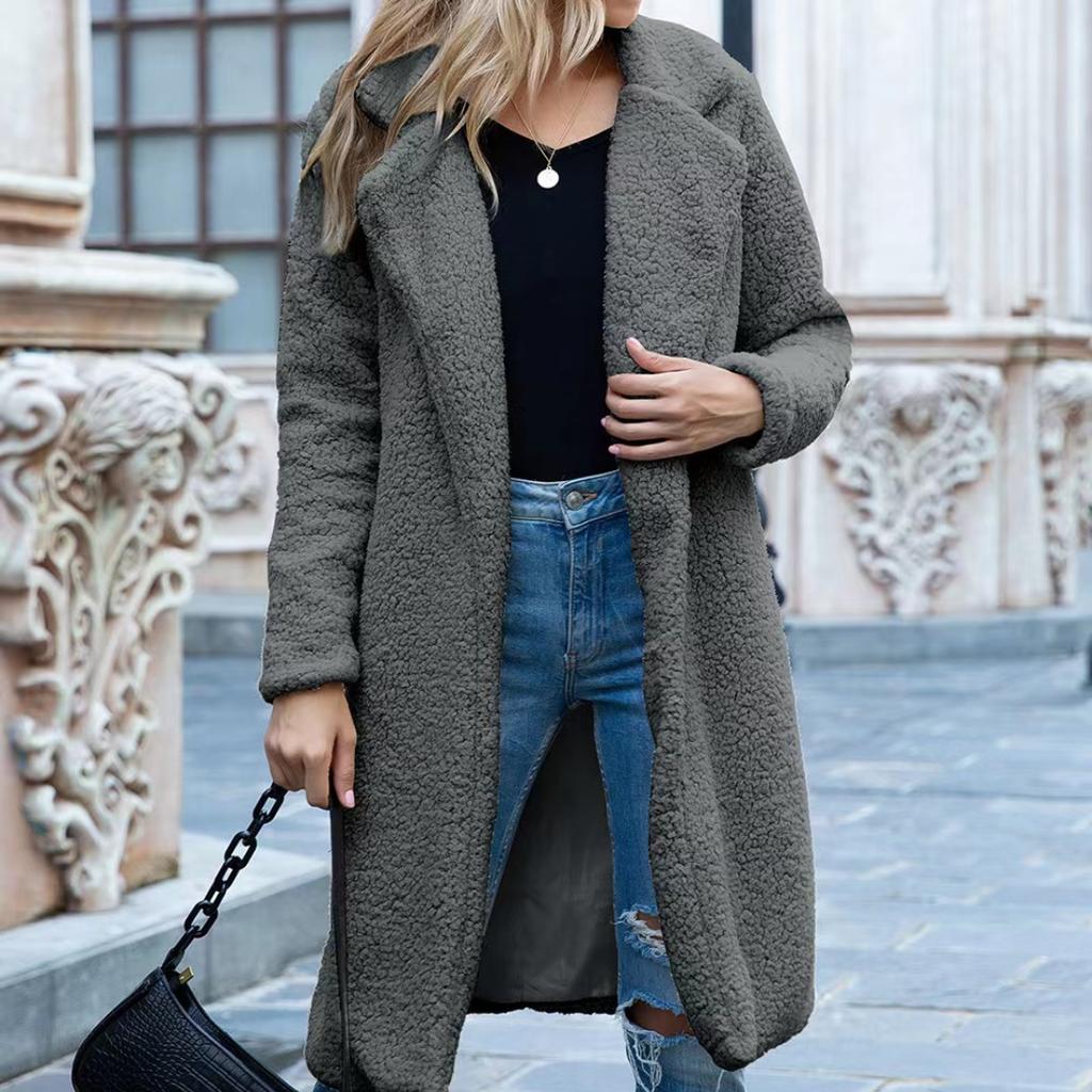 Осенне-зимнее женское однотонное пальто средней длины из овечьей шерсти, свободное повседневное пальто