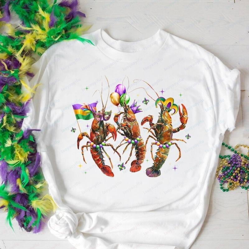 Mardi Gras Crawfish TShirt Dancing Louisiana Lobsters Graphic T Shirts Women Clothing Vintage Clothes Y2k High Quality Cotton