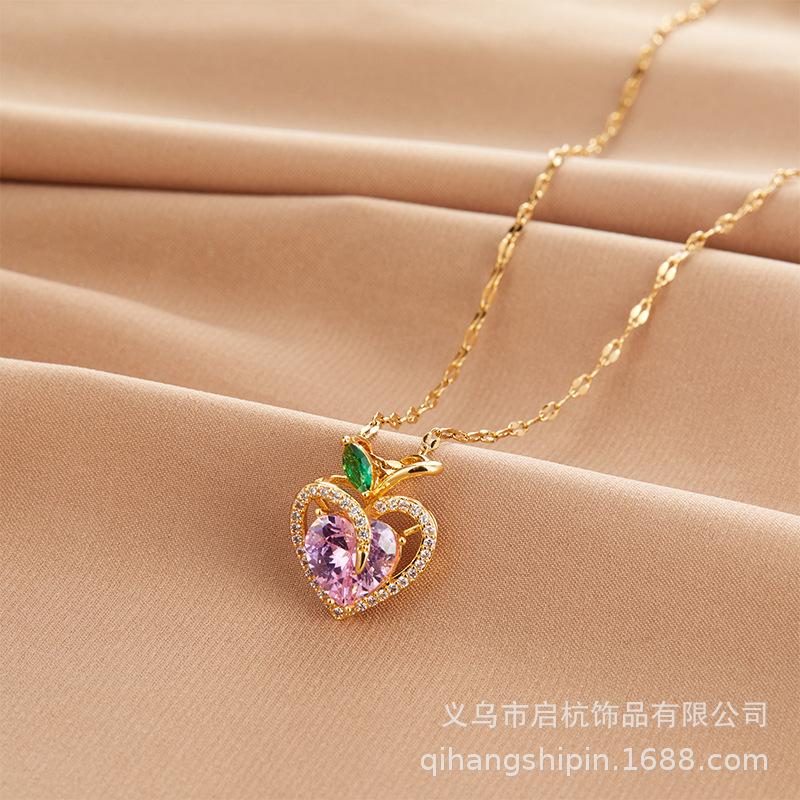 Design Pink Zirconium Love Necklace Women'S Light Luxury High Sense Versatile Inlaid Heart Pendant Clavicle Chain