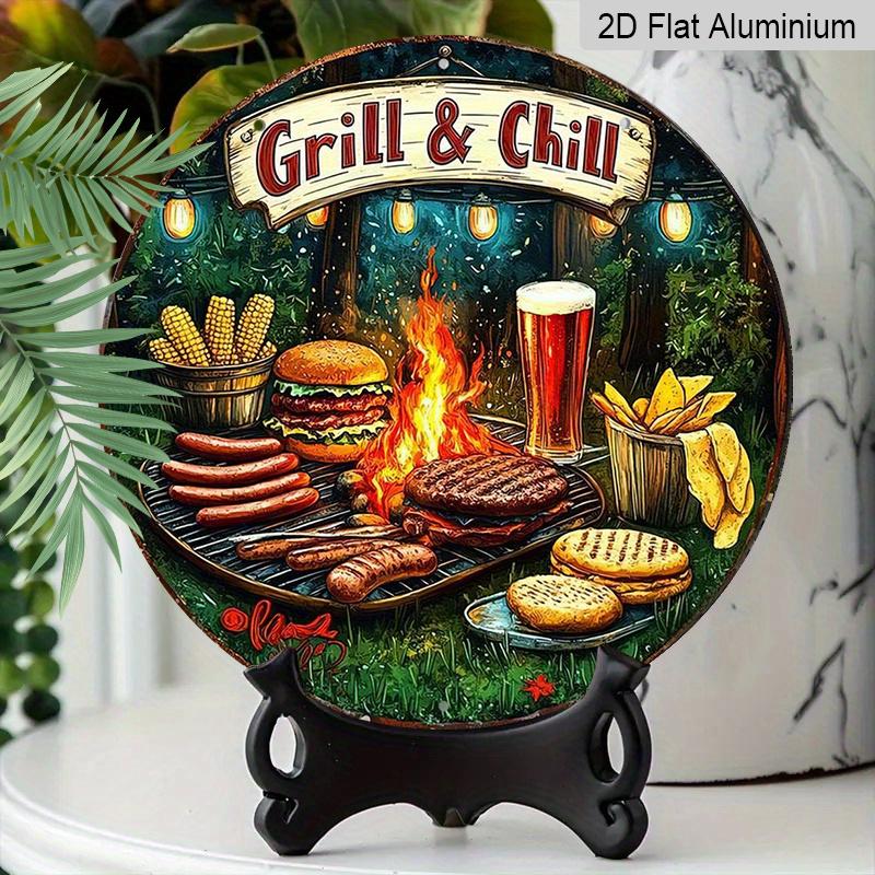 2D плоский, 1 шт. Винтажная металлическая алюминиевая настенная табличка «Grill & Chill BBQ» - Круглая арт-деталь для декора помещений/улицы, идеально подходит для загородного дома, кафе, бара, гаража