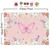 2D Flat Printing Party Backdrop Whimsical Pink Butterfly Scene with Floral Border