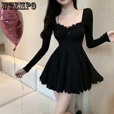 Кружевное однотонное мини-платье с длинным рукавом, женское платье Лолиты Kawaii, вечернее и клубное повседневное весеннее тонкое элегантное корейское платье