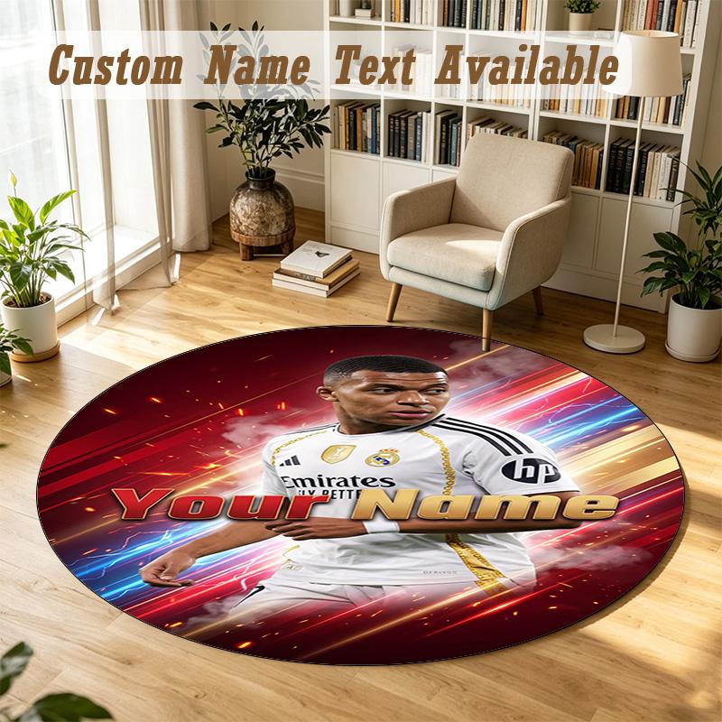 Round Rug Custom NameKylian Mbappe Pattern Non Slip Carpet Home Floor Decor