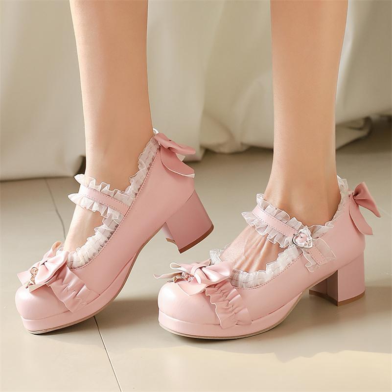 FOREADA Женские туфли-лолита Мэри Джейн с круглым носком, на толстом среднем каблуке, с пряжкой, бантом и оборками, кавайные модные женские туфли, весна-осень 46