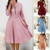 Women Spring Dress Three Quarter Sleeves Solid Color with Belt Tight Waist A-line Dress-up Knee Length Zipper Lady Fall Dress Female Clothes