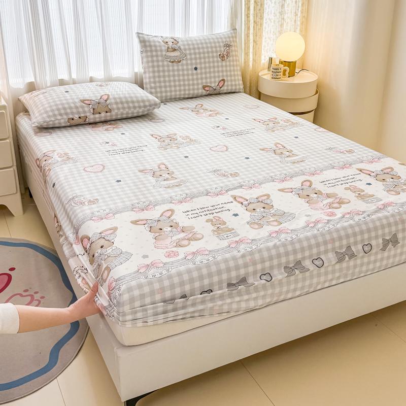 1PC Cute Bunny Plaid Fitted Sheet, Cartoon Animal Pattern Elastic Deep Pocket Bed Sheet for Kids Girls Bedroom Decor