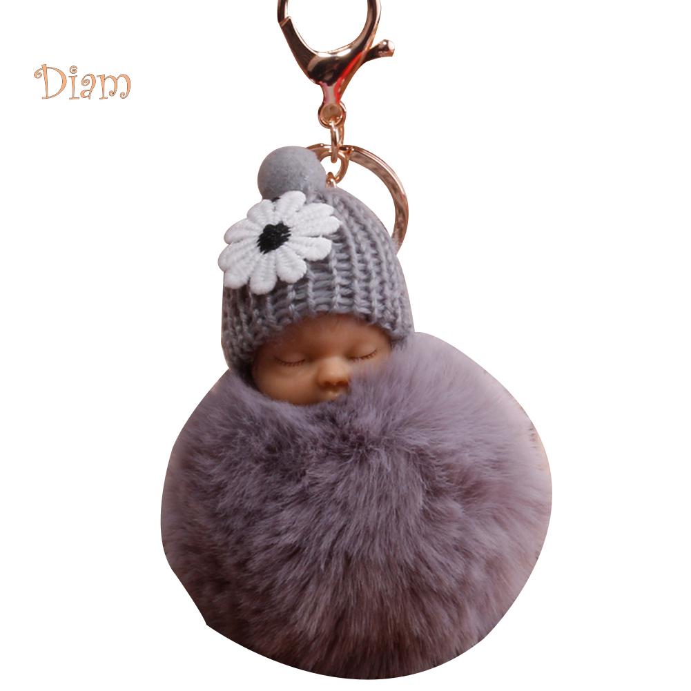 VANA Shop Cute Sleeping Baby Fluffy Pompom Plush Doll Hanging Pendant Key Ring Keychain