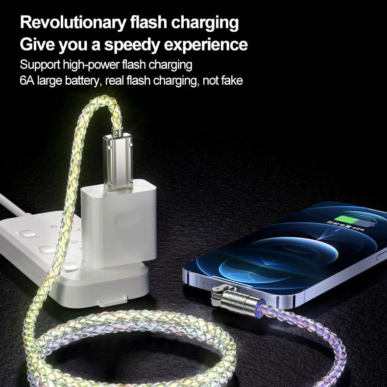 6A 180 поворотный RGB световой USB-кабель для зарядки типа C Android телефонный кабель для Samsung S10 S20 Xiaomi mi 11 провод для зарядного устройства для передачи данных