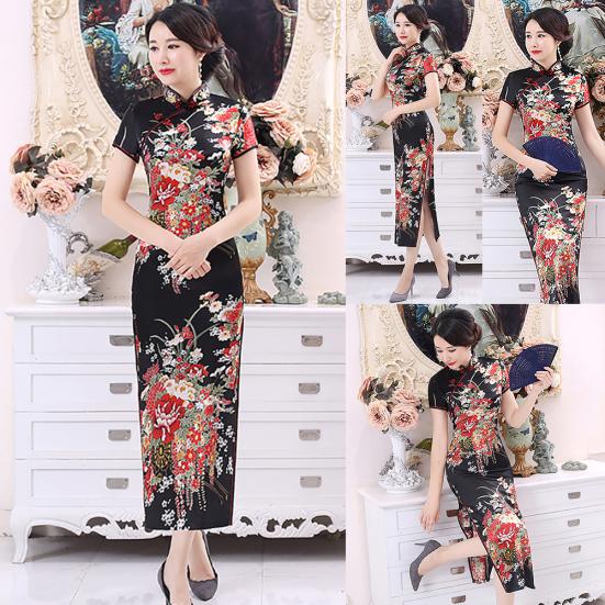 Женское парчовое платье Cheongsam с коротким рукавом и цветочным принтом в китайском стиле, банкетное платье миди