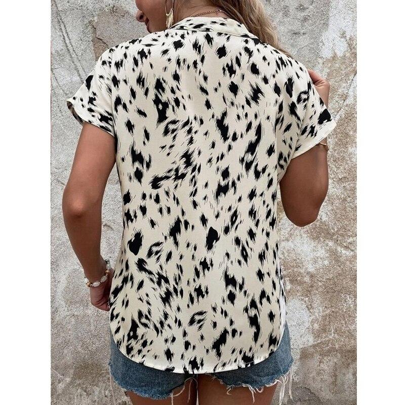 V Neck Fashion Leopard Print Women Tops Vintage Short Sleeve Blouse Loose Lady Shirts Office Casual Clothes Blusas Mujer 25584