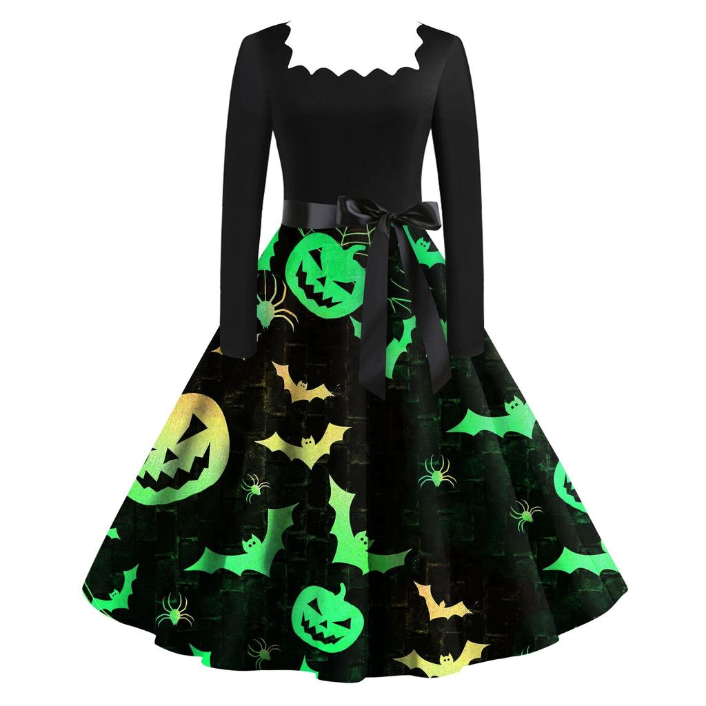 Женское повседневное модное винтажное платье с длинным рукавом и принтом на Хэллоуин