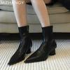 Мода остроносые женские зимние ботильоны на среднем каблуке модная обувь массивные сексуальные ботинки челси 2024 тренд зимние кожаные ботинки женские