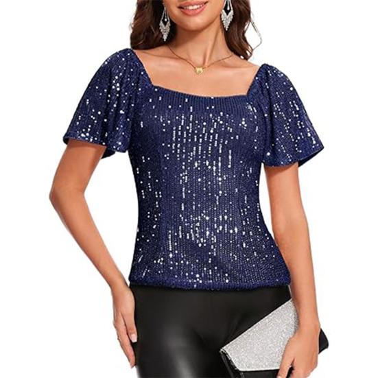 Women Tops Square Collar Puff Short Sleeve Sequin Tops Glitter Sparkling Party Blouse Evening Party Tops