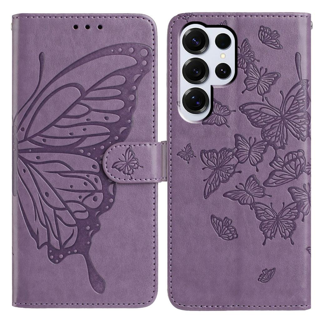 For Samsung Galaxy S25 Ultra Case Butterfly Imprinted Wallet Stand PU Leather Flip Phone Cover with Strap