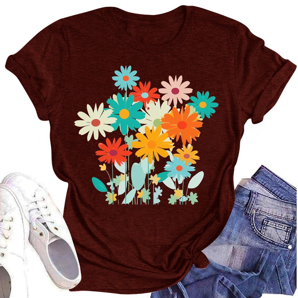 Женская повседневная футболка с круглым вырезом и цветочным принтом, короткий рукав