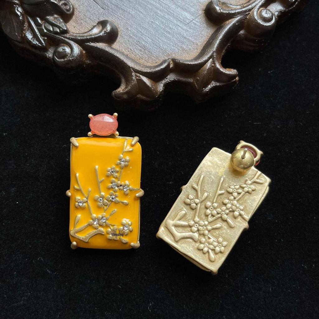 Винтажные серьги в китайском стиле с цветком сливы: Игла из серебра 925 пробы, латунная эмаль и натуральные камни для женщин