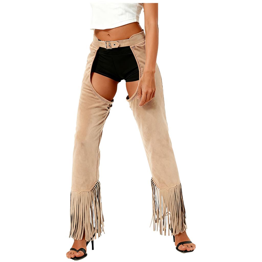 Womens Suede Cowgirl Chaps Fringe Split Open Crotch Adjustable Buckles Pants Vintage Costume