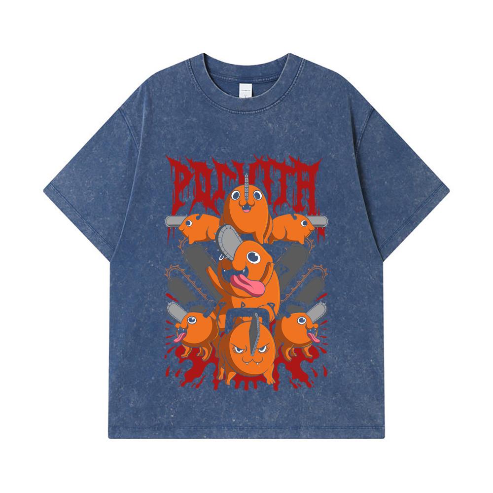 275 GSM Washed T-shirts 100% Cotton Chainsaw Man V8 Pochita Print Unisex Heavy Cotton T Shirt