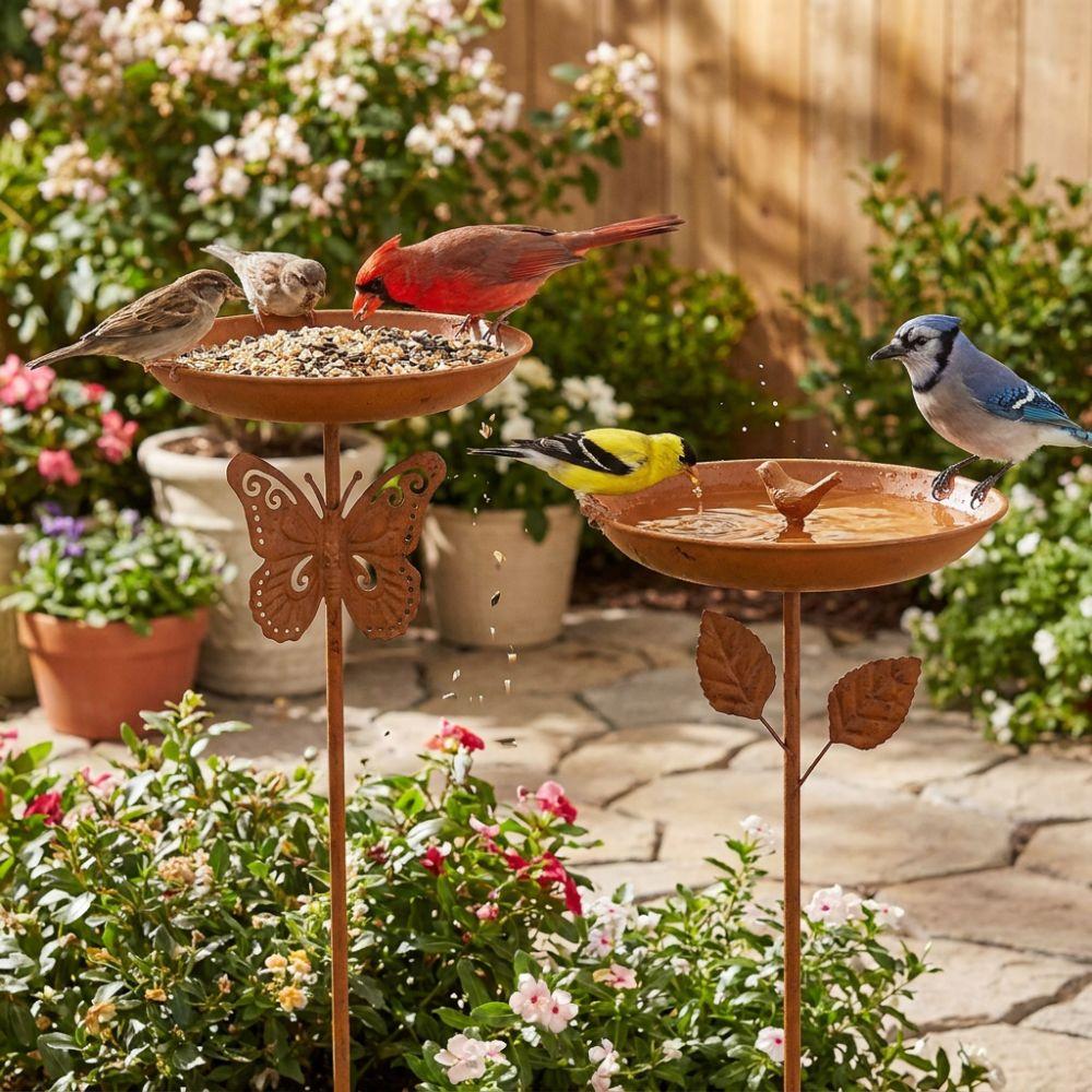 Vintage Style Metal Garden Birdbath Rust-Proof Animals Drinking Tray Bird Water Drinker Lawn Decor
