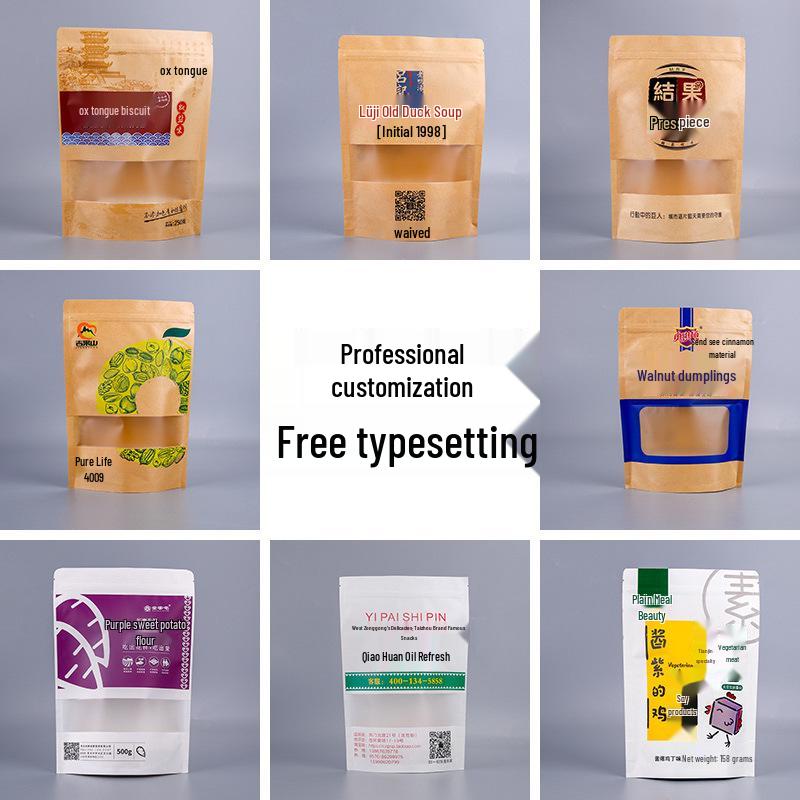 Self-Standing Transparent Window Kraft Paper Food Bag - Moisture-Proof & Self-Sealing for Tea Packaging