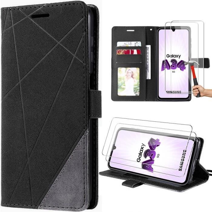 Lot de 2 Verres Trempés+ Coque pour Samsung Galaxy A34 5G Intégrale Anti-Rayure Effet Cuir Noir