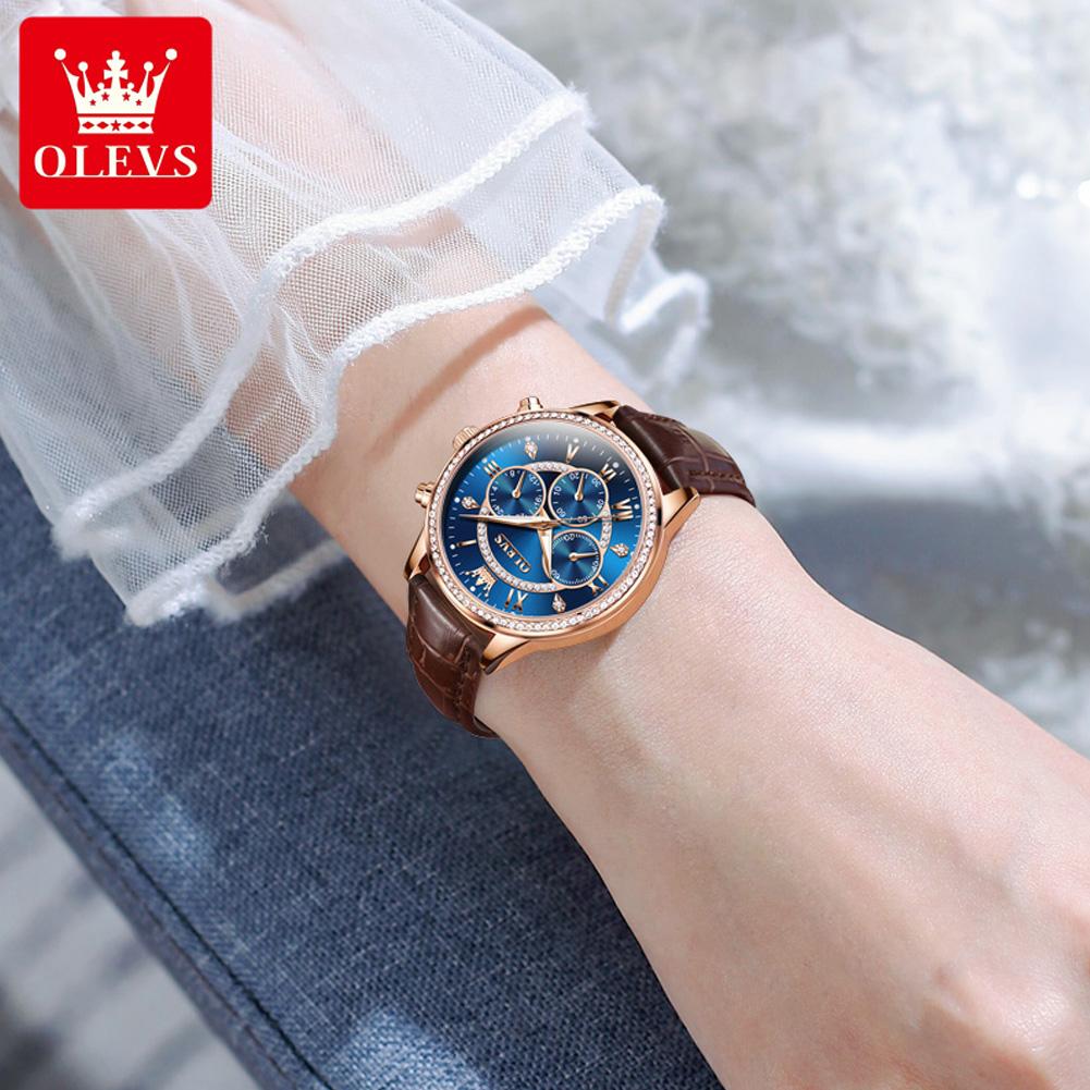 Women's Watches Fashion Elegant Diamond Bezel Watch for Ladies Soft Leather Strap Waterproof Luminous Chronograph