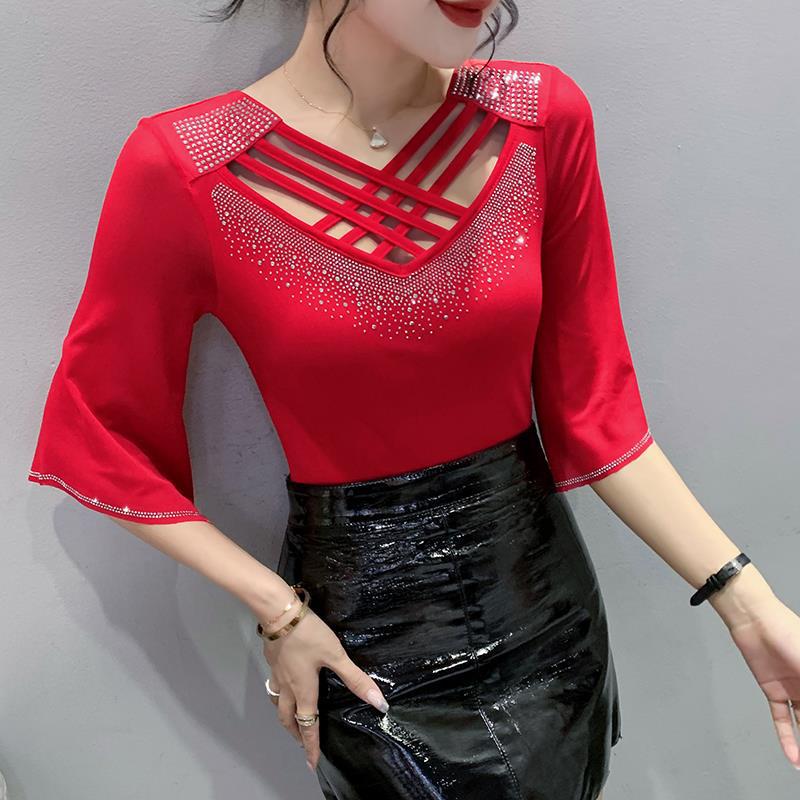 Летняя сетчатая модная футболка с перекрестным вырезом, полая, с горячей стразой, облегающая, для защиты от солнца, для женщин