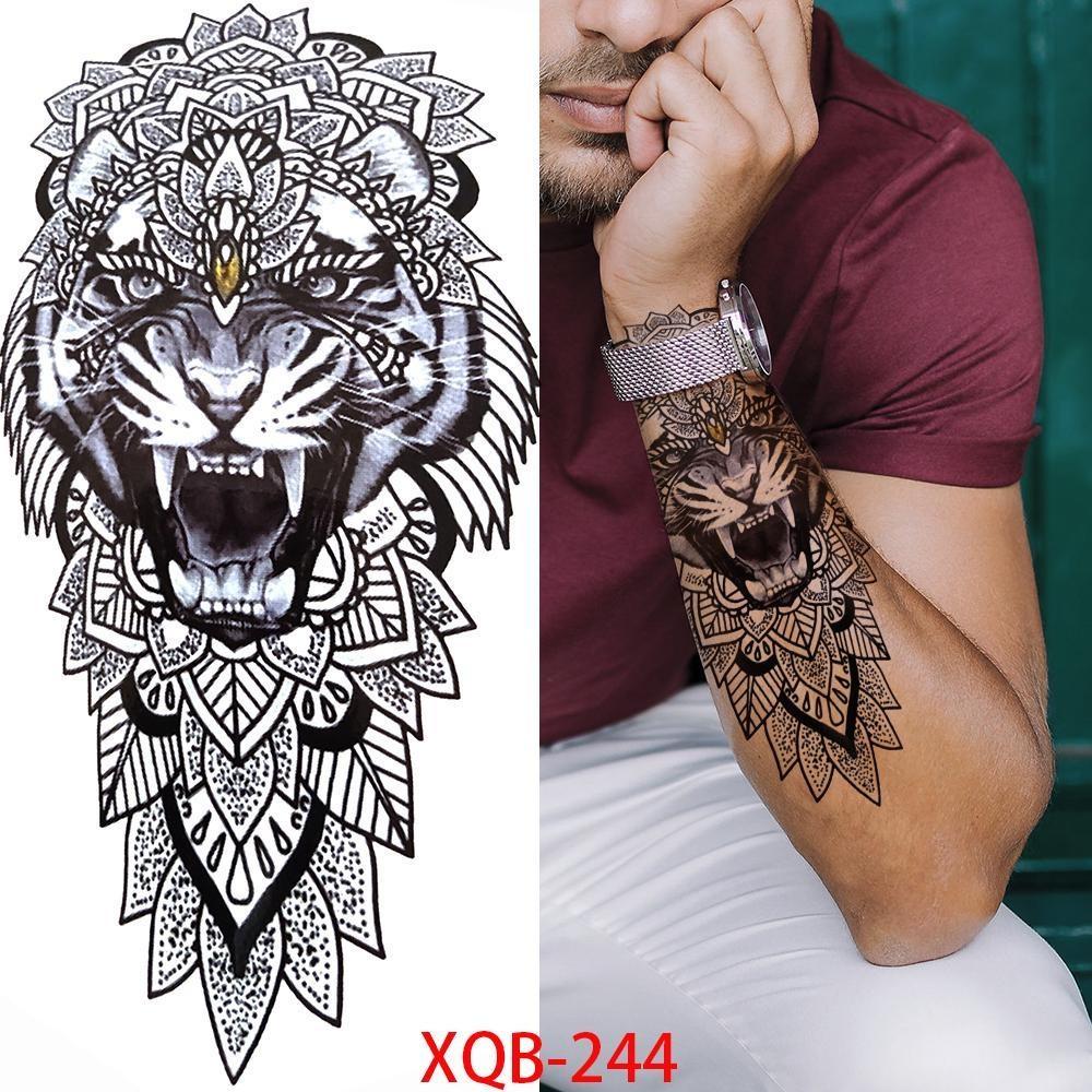 1 PC 210*114MM Cat Geometry Black Temporary Tattoos For Men Women Black Forest Skull Tiger Wolf Tattoo Sticker Evil Devil Arm Tattoo