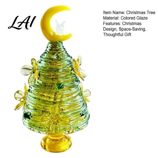Christmas Tree with Colorful Dots Glazed Figurine Star Moon Decor Glass Rotating for Office Wire Wrapped Desk Mini Holiday Tabletop Ornament Unique