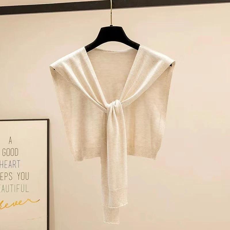 Korean Striped Knitted Warm Shawl Winter Female Blouse Shoulders Fake Collar Cape Knotted Scarf Stripe Outerwear