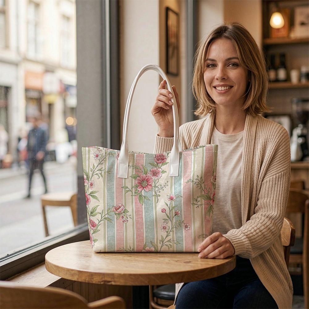 Vintage Floral Striped Tote Bag Large Capacity Casual Fashion Shoulder Handbag for Daily Use